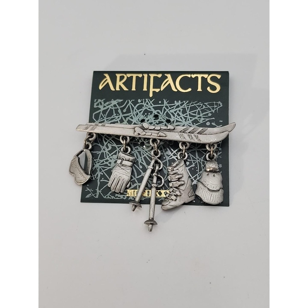 Vintage JJ Jonette/ Artifacts pewter tone Skiing‎ Brooch Pin w/ Attached Charms